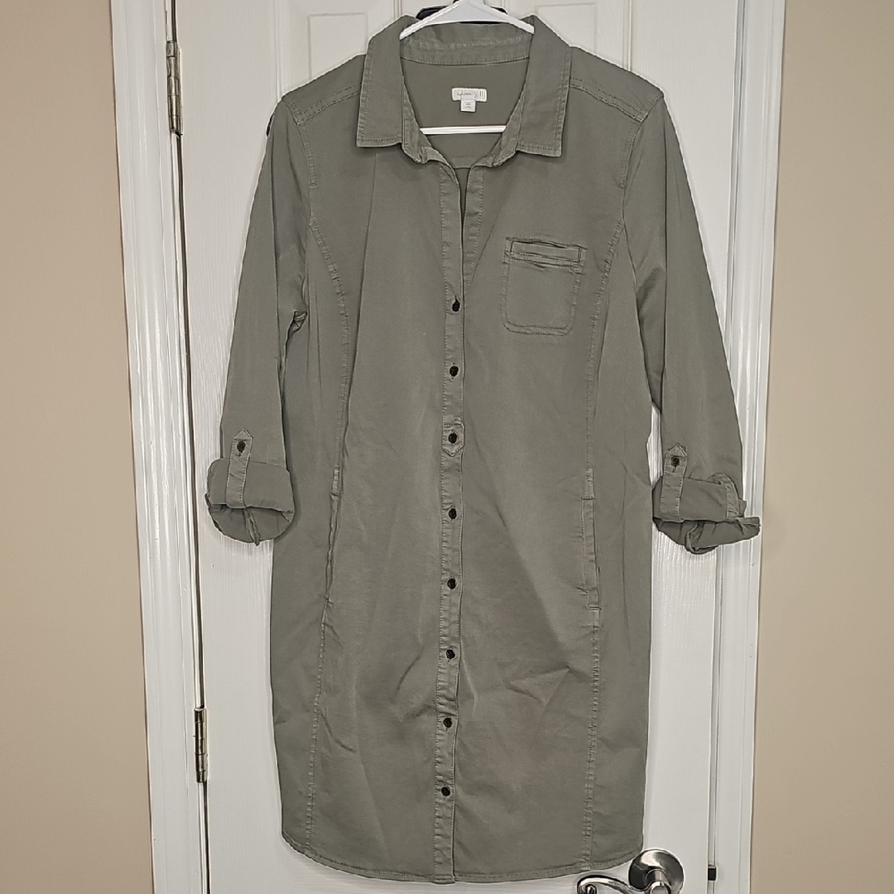 Classic J. Jill Olive-Taupe Chino Shirt‎ Dress With Pockets Live-in-chino